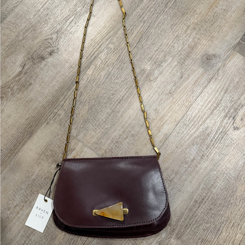 Raven + Lily Burgundy Leather Crossbody with Gold Chain